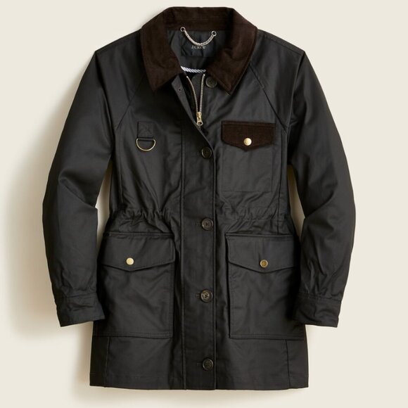 J Crew Field Jacket Womens Small Black Utility Waxed Cotton Corduroy Trim Ladies - Picture 1 of 8